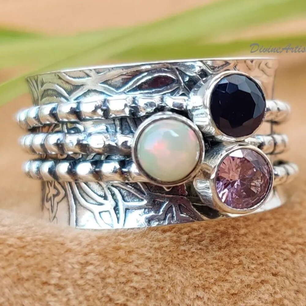 Spinner Ring Natural Amethyst & Rose Quartz Opal Ring, 925 Sterling Silver Sz 7 - Picture 3 of 4